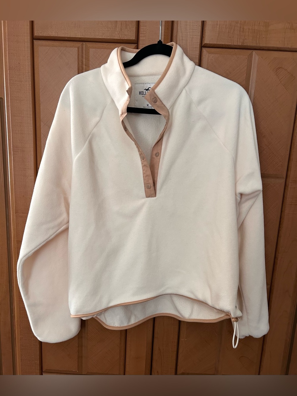 Hollister Cream Fleece Snap-Placket Pullover with Tan Trim
